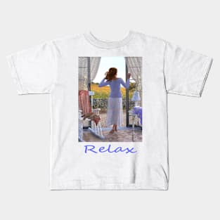 Woman looking out of window at meadow zen yoga buddhism Kids T-Shirt